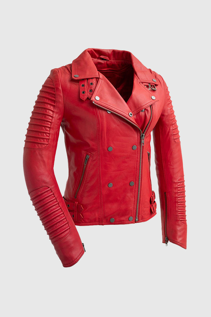 Queens Womens Fashion Leather Jacket Fire Red Women's Fashion Moto Leather Jacket Whet Blu NYC XS Fire Red 