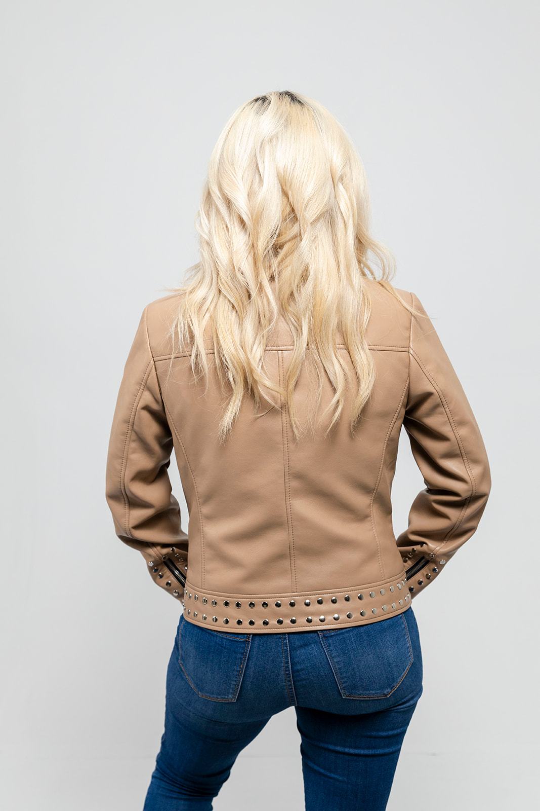 Sandy Women's Vegan Faux Leather Jacket (Beige) Women's Fashion Leather Jacket FMCo   
