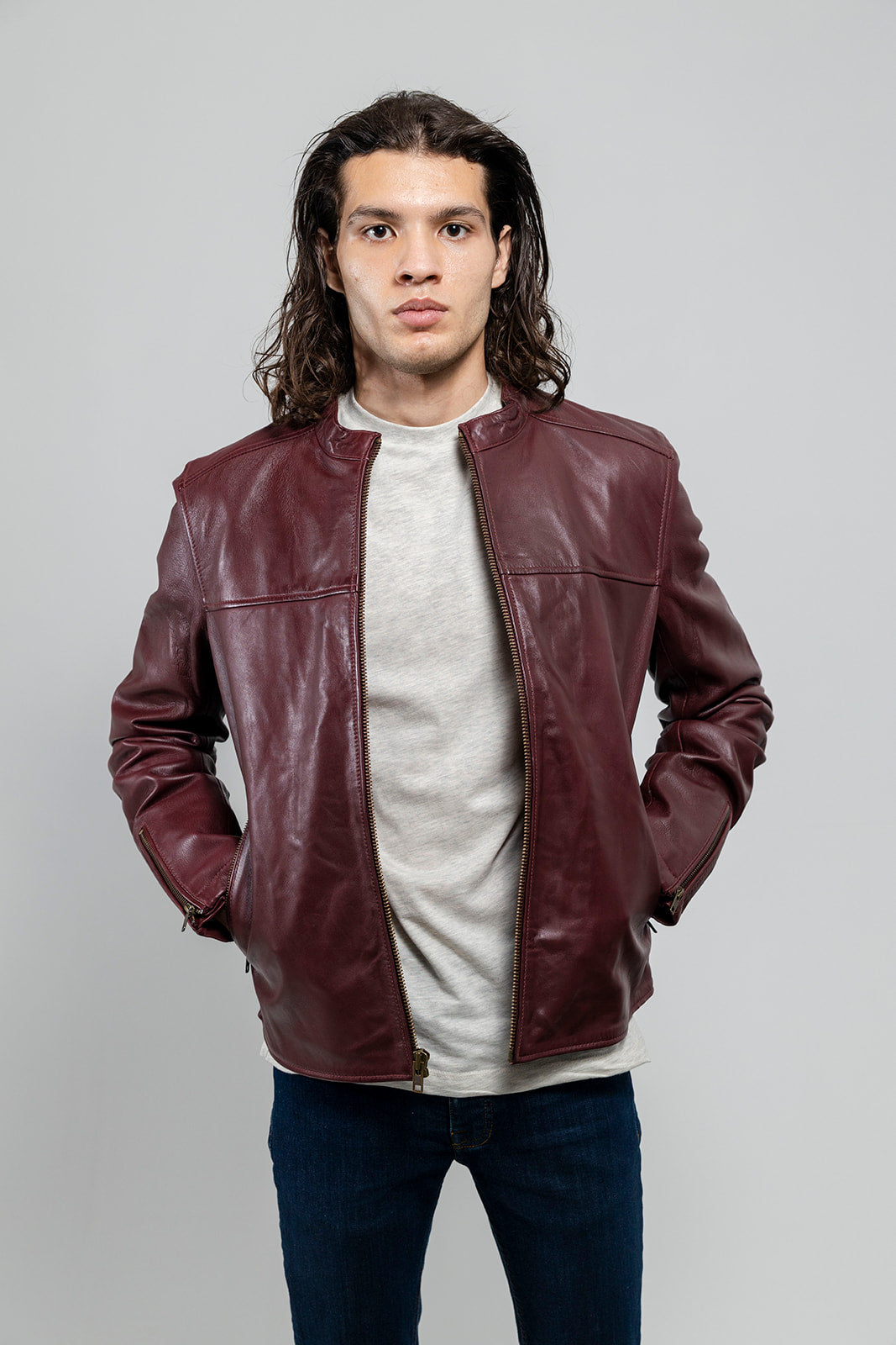 Burgundy leather hot sale jacket mens