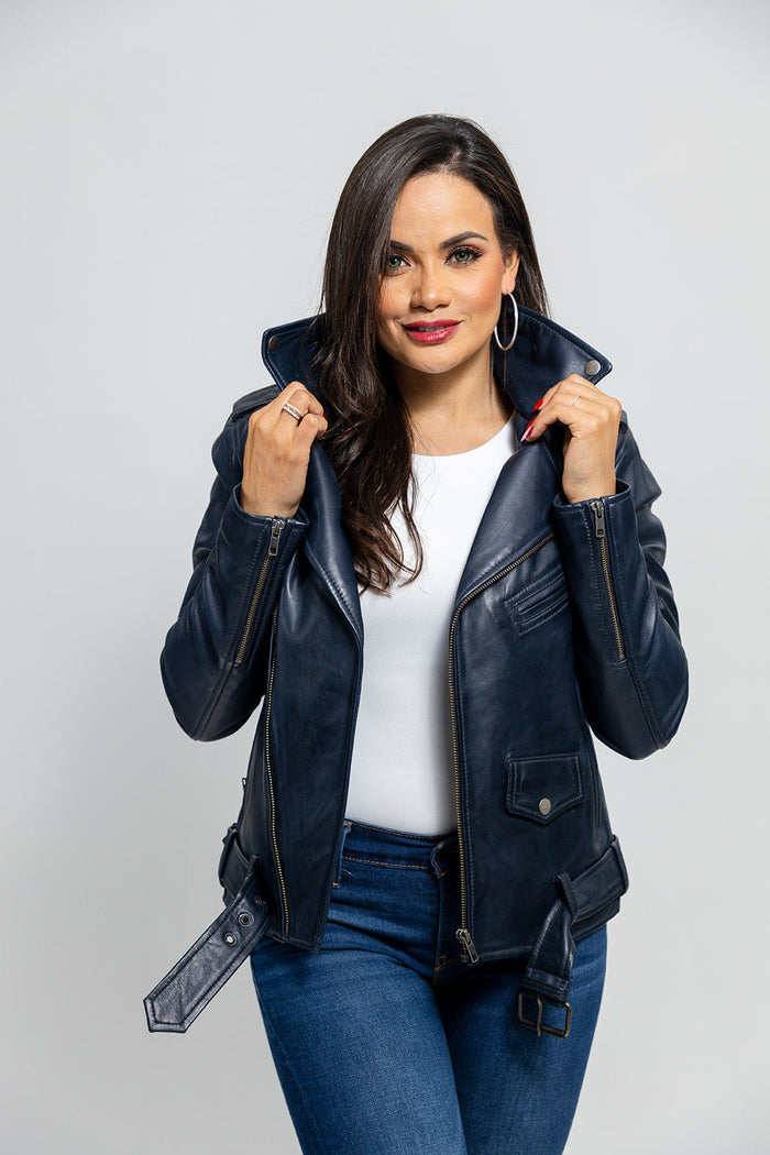 Rebel Womens Fashion Leather Jacket Navy Blue