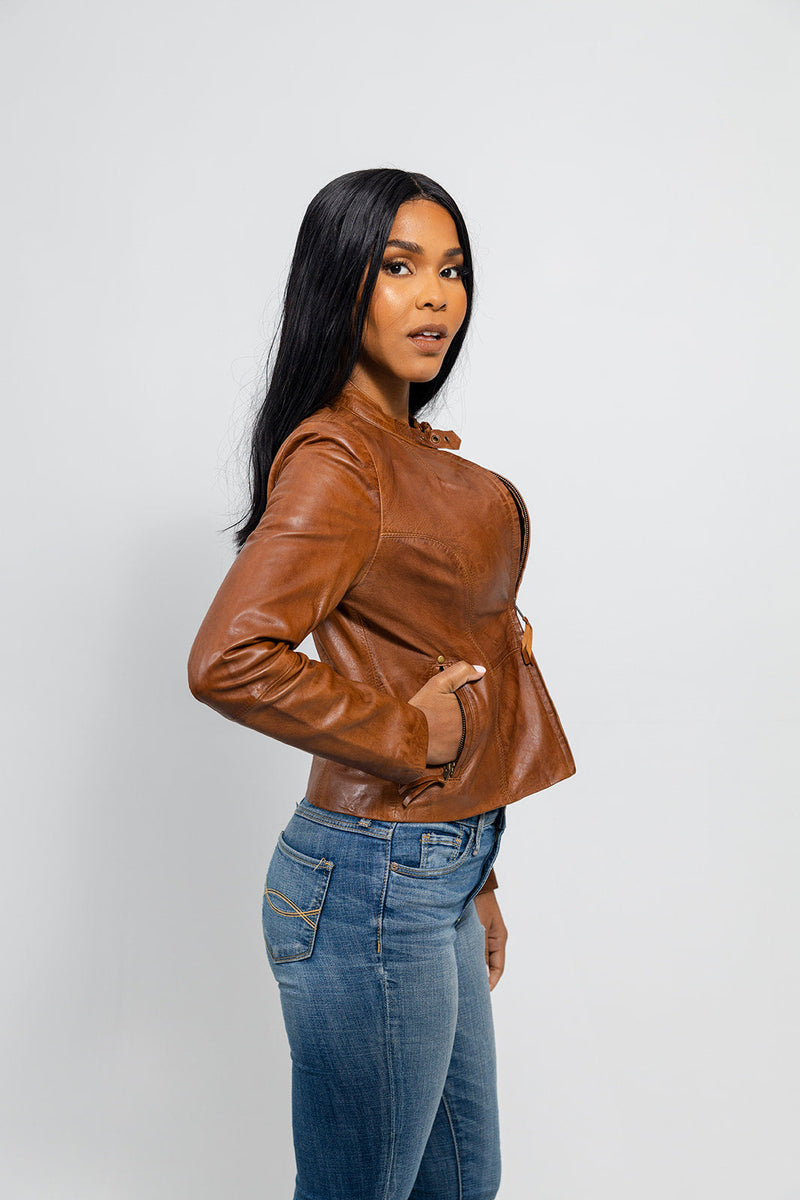 Rexie Womens Fashion Leather Jacket Dark Cognac