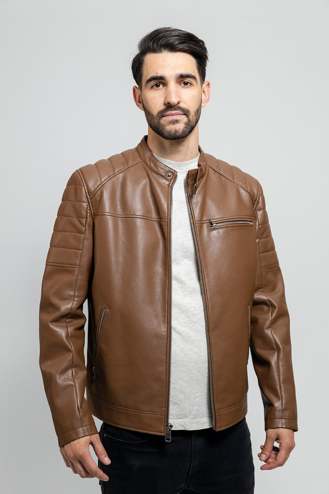 Dustin Men's Vegan Faux Leather Jacket Men's Vegan Faux Leather jacket FMCo Dark Camel S 