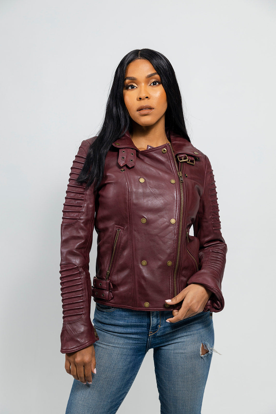 Women's burgundy shop leather biker jacket