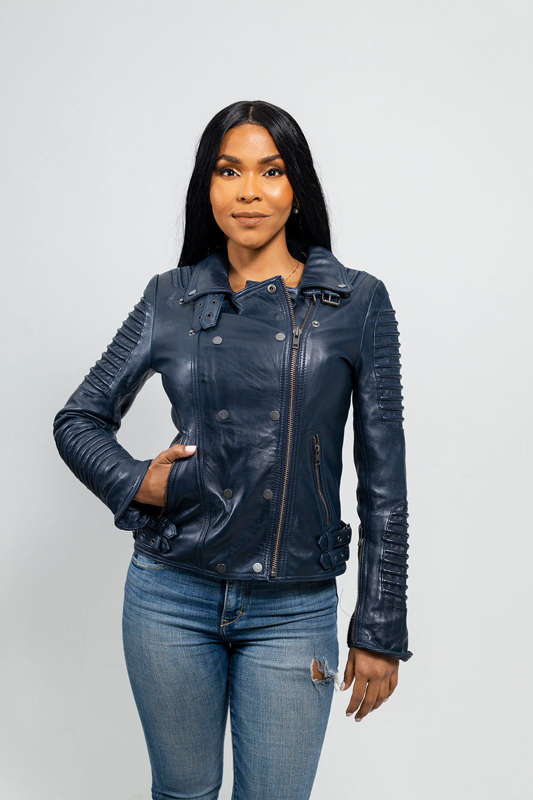 Blue moto sale jacket women's