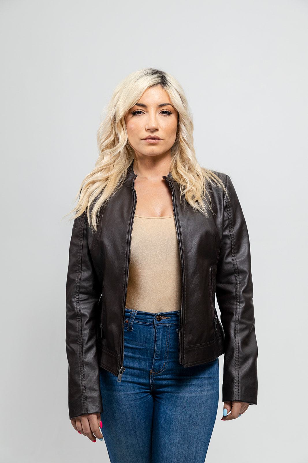 Beverly Women's Vegan Faux Leather/Perforated Jacket Women's Fashion Leather Jacket FMCo Brown XS 