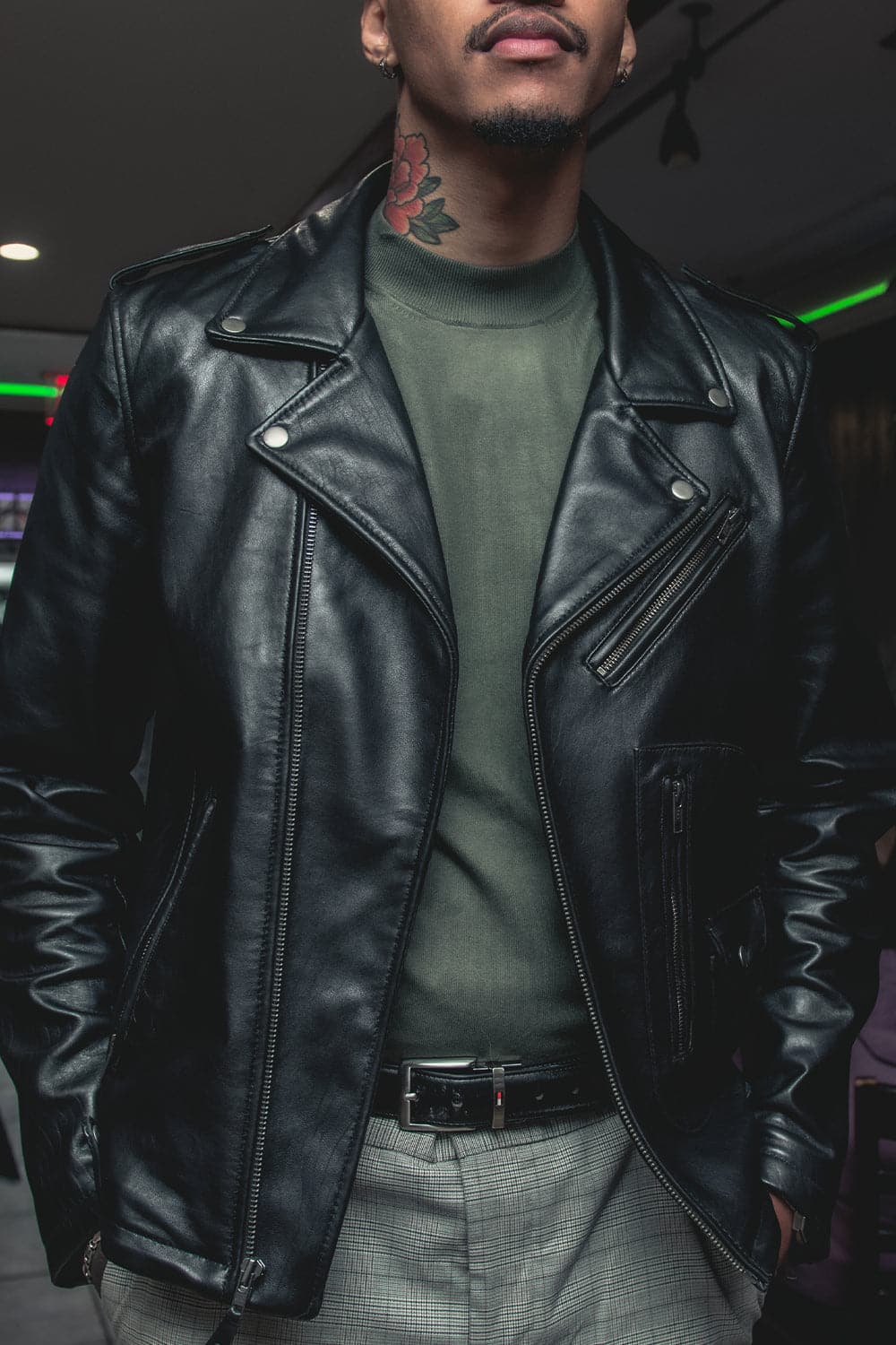 Men in Black Fashion Leather Jacket - Quilted Shoulders