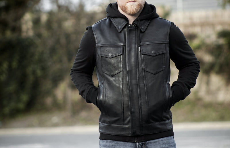 Kent Men's Motorcycle Leather Vest and Hoodie